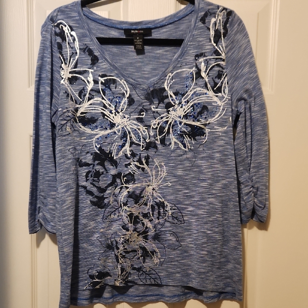 Style & Co Gray Graphic 3/4 Sleeve Blouse